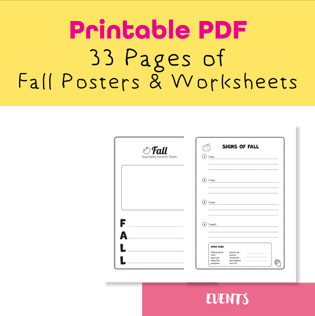 Fall Worksheets & Posters for Kids – 33 Printable PDF Pages of Autumn Vocabulary, Writing & Activities