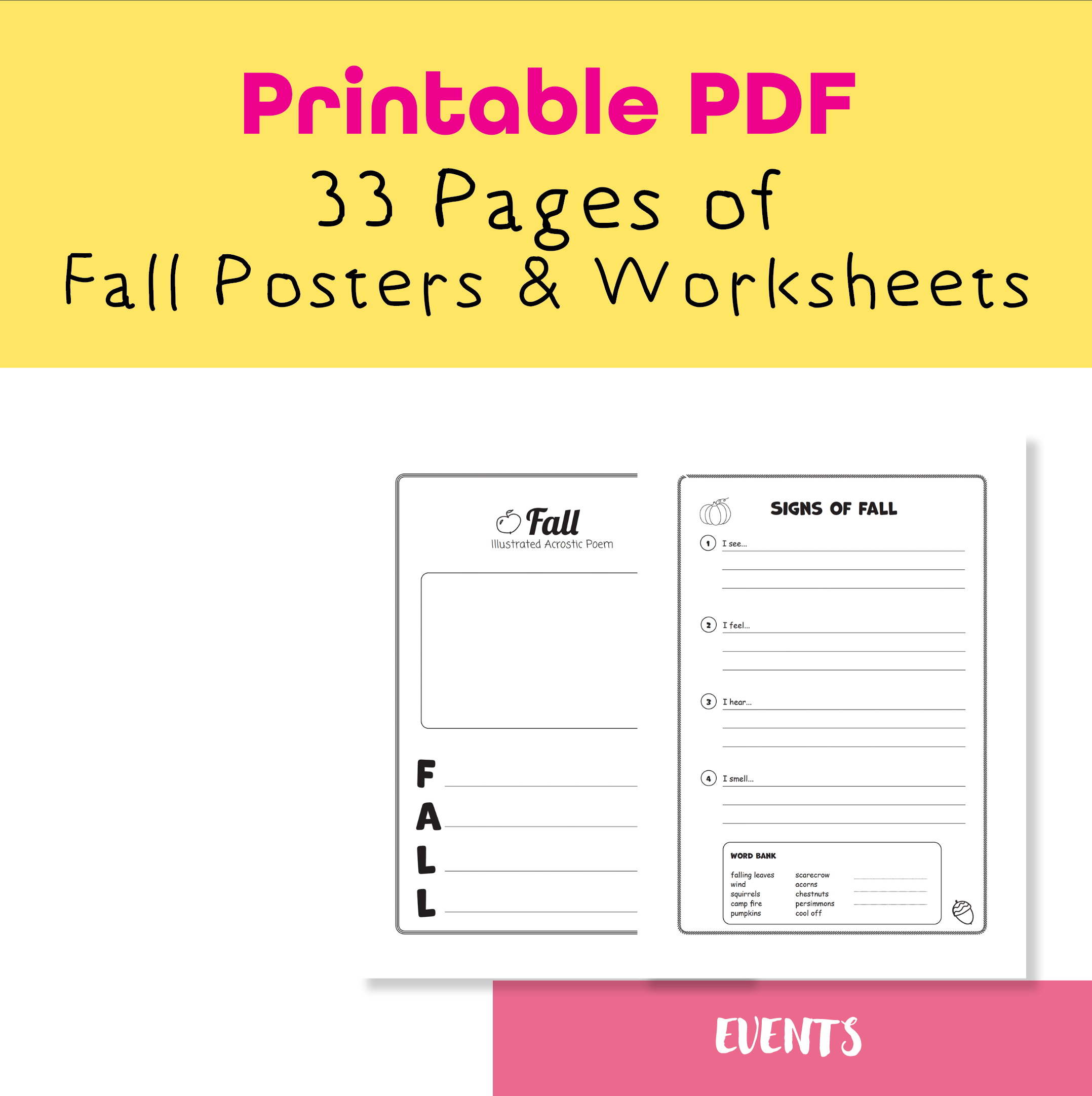 Fall Worksheets & Posters for Kids – 33 Printable PDF Pages of Autumn Vocabulary, Writing & Activities