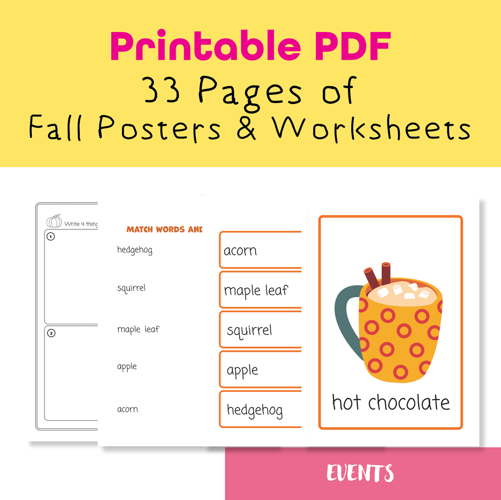 Fall Worksheets & Posters for Kids – 33 Printable PDF Pages of Autumn Vocabulary, Writing & Activities