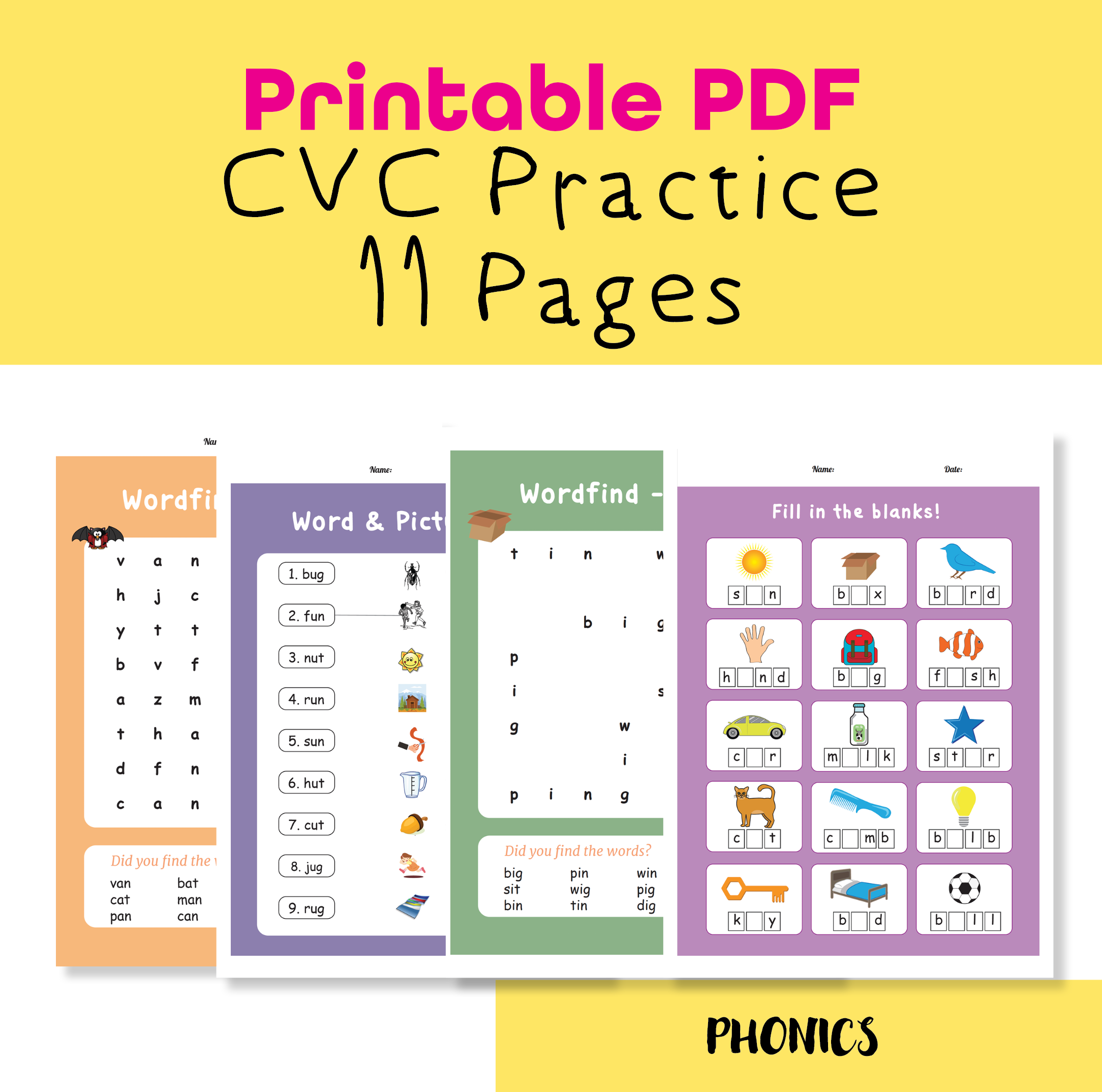 CVC Word Search Worksheets – Phonics & Spelling Practice for Kindergarten and Grade 1