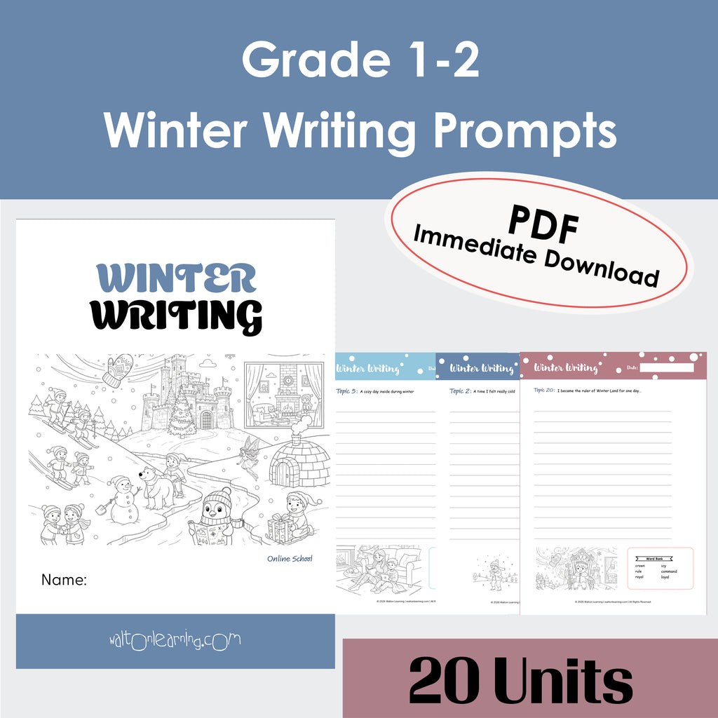 Winter Writing Worksheets – 20 Units for Grades 1–2 (Printable PDF)