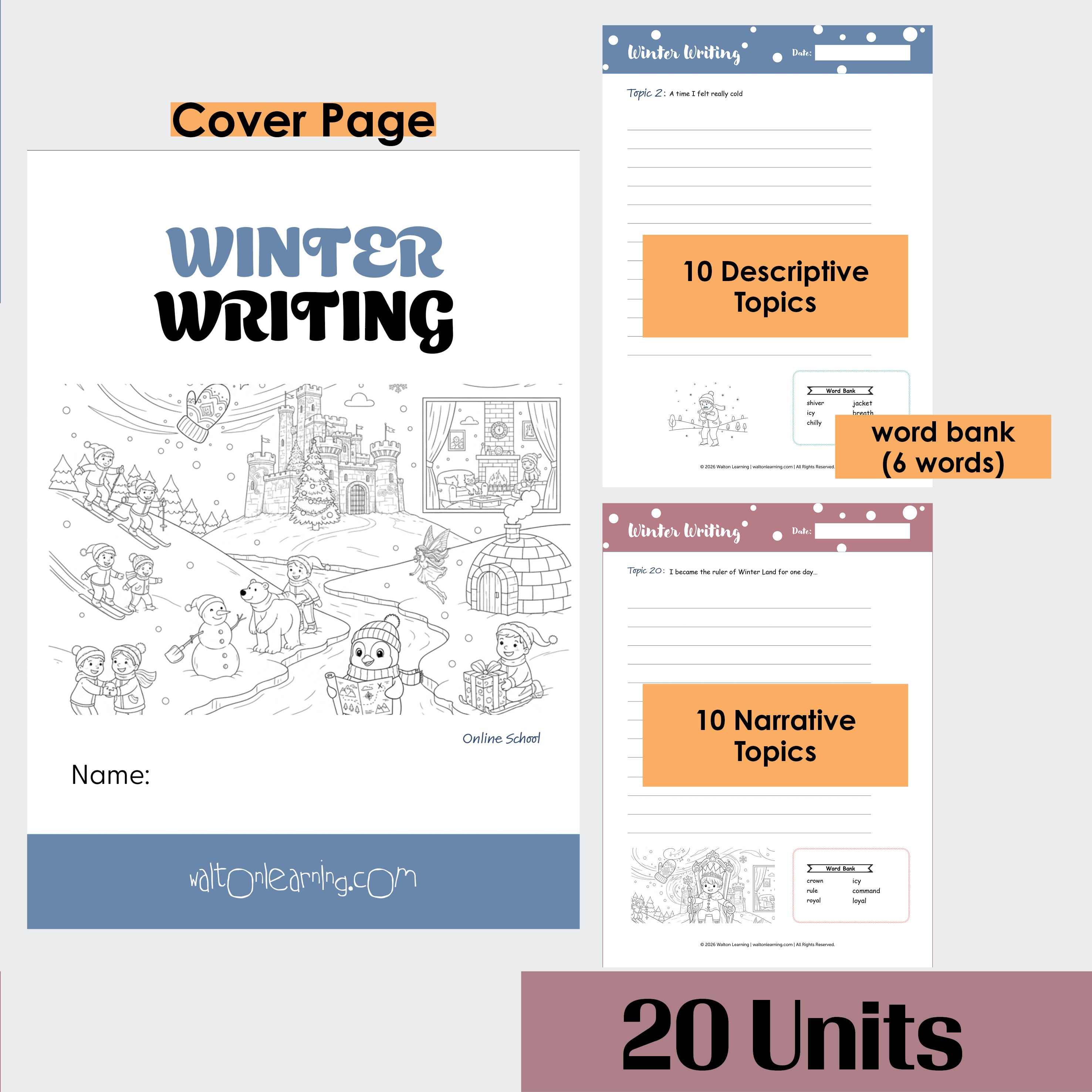 Winter Writing Worksheets – 20 Units for Grades 1–2 (Printable PDF)